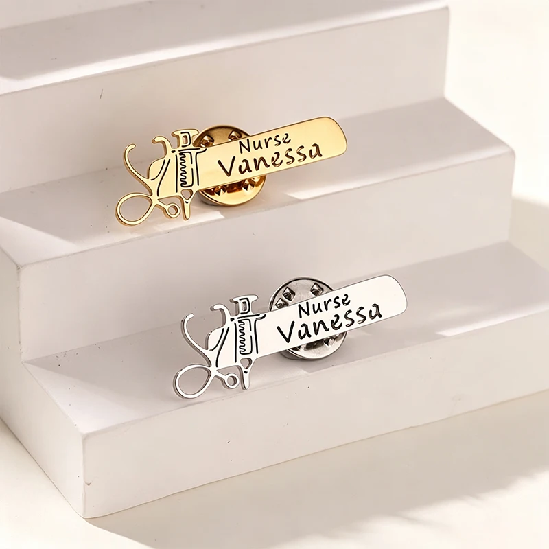 Custom Stainless Steel Medical Theme Name Brooch Pin Personalized Nurse Metal Pins Customized Name Tag Pin In Personal Design