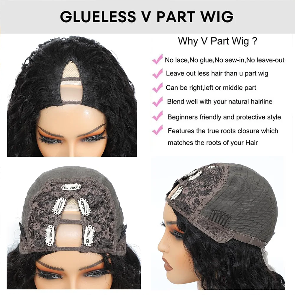 Perruques en cheveux humains en forme de V, densité 200, pour femmes, perruque complète à clipser, demi-perruque sans partie à laisser dehors, perruque ondulée de 30 à 32 pouces