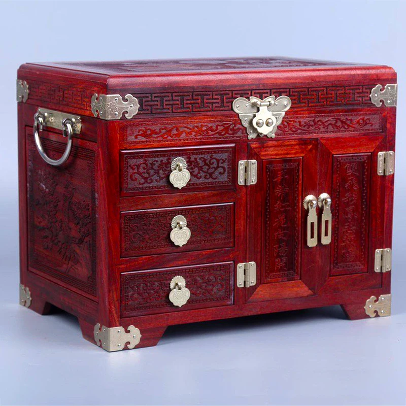 

Chinese Style Small Leaf Red Sandalwood Carved Wedding Jewelry Mirror Box Wedding Small Hand Accessories Storage Box Jewelry Box