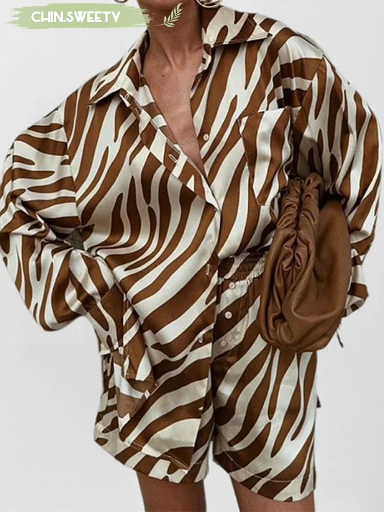 

Fashion Printed Shirt Shorts Set Women's Casual Daily Loose Long Sleeved Collar Two Piece Suit 2025 New Summer Holiday Lady Wear