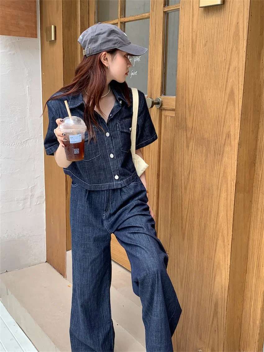 Alien Kitty Blue Denim Two Pieces Sets Women Loose Chic Summer Short Sleeve Coats 2023 Jeanswear New High Waist Slim Pants Suits