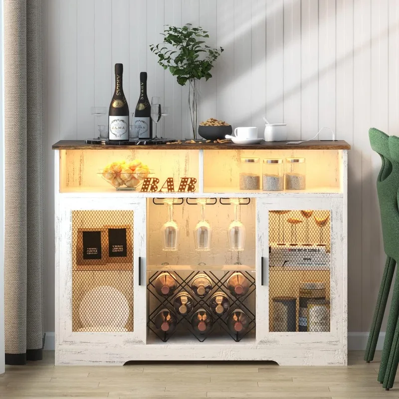 LVSOMT Bar Cabinet with Wine Rack and Glass Holder, LED Sensor Lights Farmhouse Coffee Bar Cabinet for Liquor and Glasses