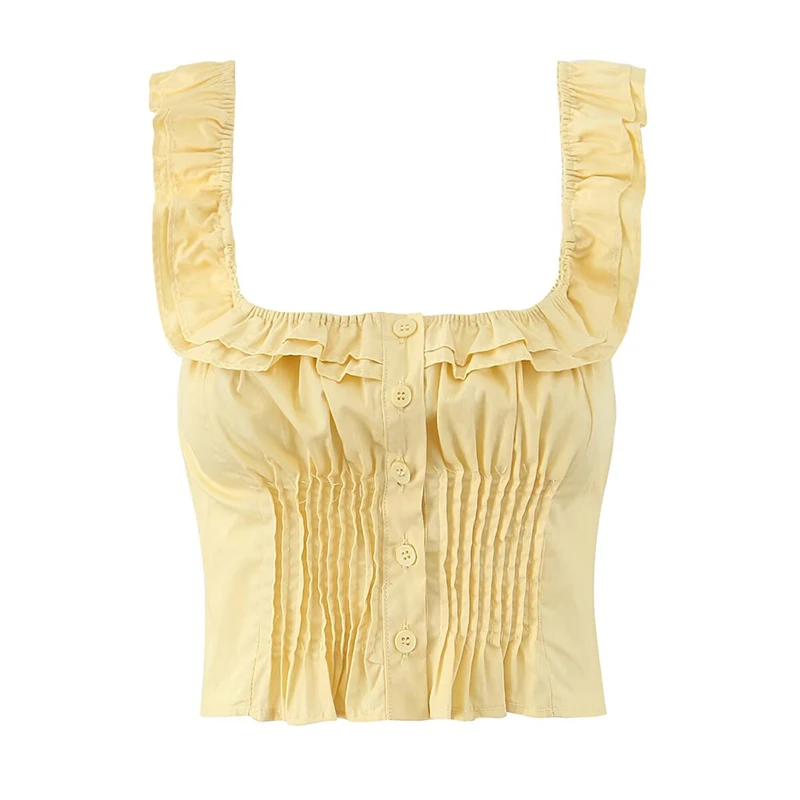 YENKYE 2025 Yellow White Ruffle Square Neck Tank Top Women Front Button Sleeveless Holiday Summer Tops Cotton ropa de mujer