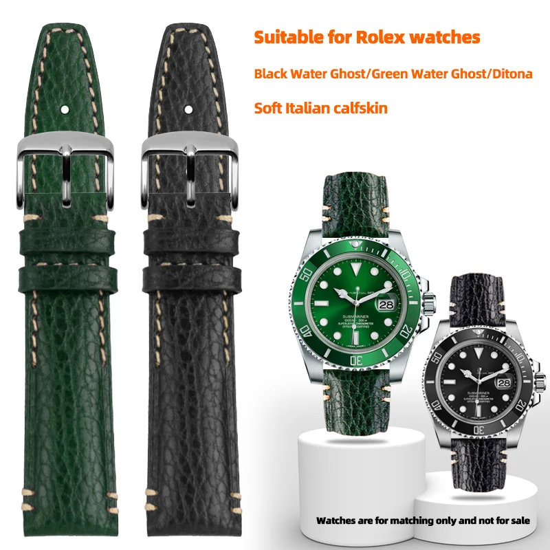 

20mm Leather strap for Rolex Water Ghost Omega SEAMASTER 300 Seiko green deep brown watchband bracelet Italian Cow leather men's