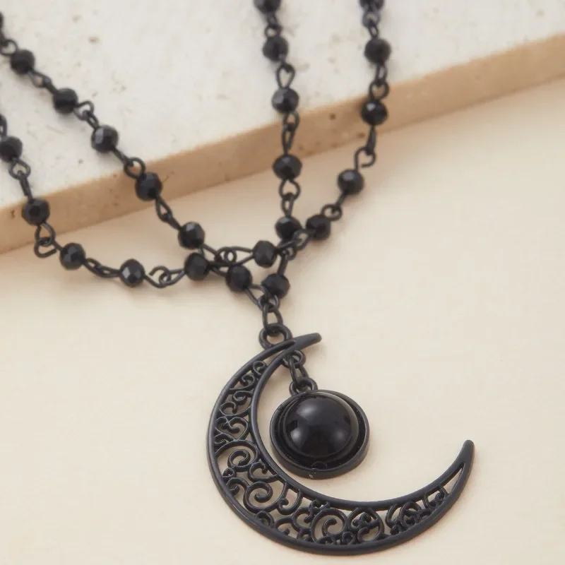 قلادة على شكل قمر مجوفة على الطراز القوطي بتصميم كلاسيكي مزدوج الطبقات للنساء، ساحرة، هدية حفلة داكنة، ملابس، إكسسوار #5