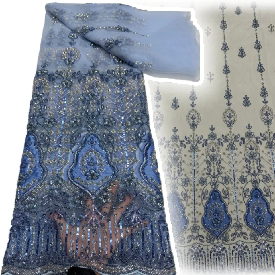 

Синяя африканская кружевная ткань с блестками для жениха, 2026, высокое качество, тяжелый бисер, вышивка, французский тюль, кружево для свадебных платьев, шить 2011 г.
