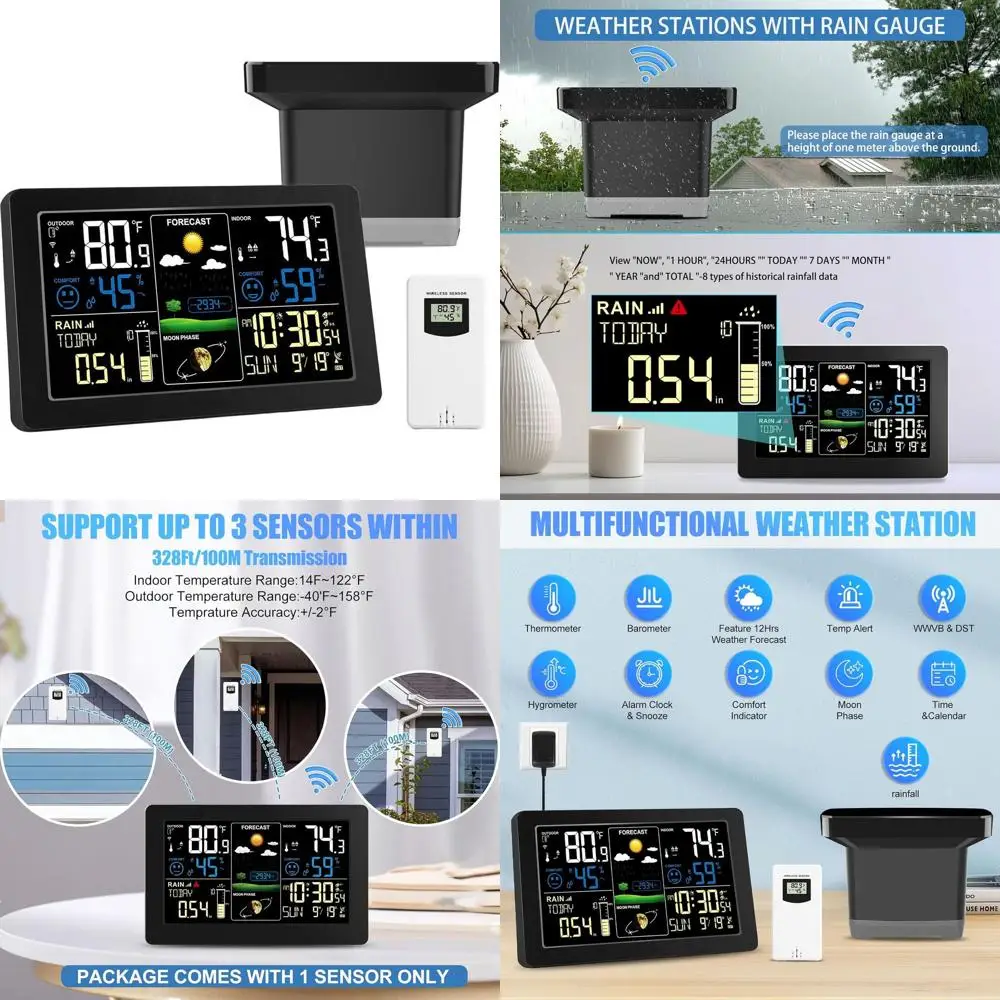 

Wireless Outdoor Rain Gauge & Home Weather Station with Thermometer, Barometer, Hygrometer, Atomic Clock, Forecast & Alerts