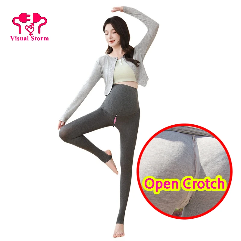 Women Open Crotch Hidden Zipper Tights Pants Waist Support Early Autumn Outer Wear Versatile Comfortable Stretchy Crotchless