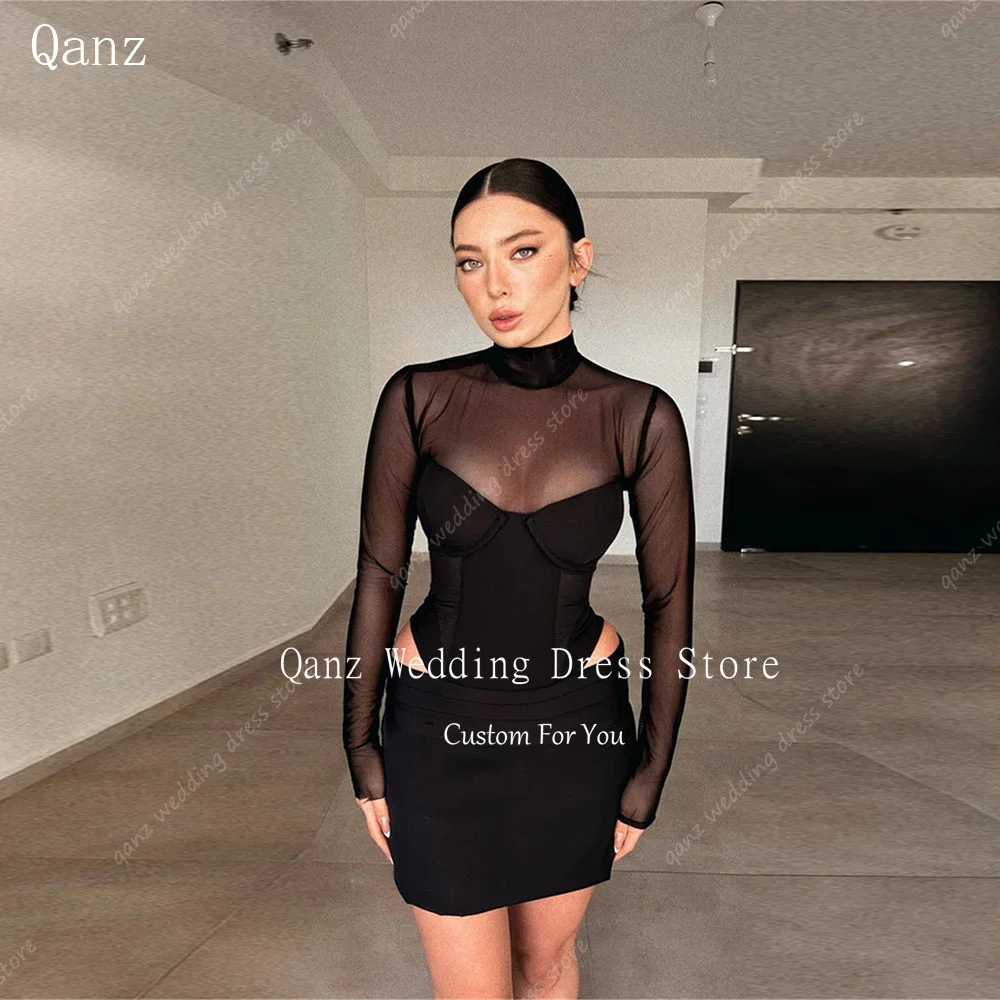 

Qanz 2 Pieces Black Prom Dress Mini Sexy Gala Dresses Elegant Evening Party High Neck Long Sleeves Vestidos De Festa Customized