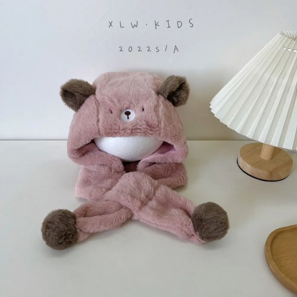 

Solid Color Bear Plush Hat Fashion Design Cloth Accessories Children Fleece Hat Cartoon Korean Style Plush Hat with Scarf Girls