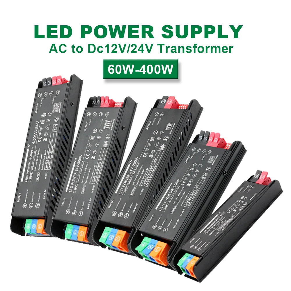 LED Power Supply AV to DC 12V or 24V Transformer 60W, 100W, 200W, 300W, 400W Switching Power Supply
