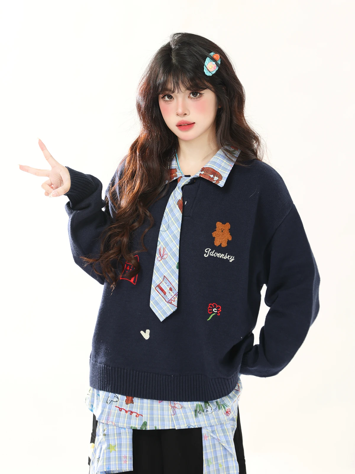 

ENJOG Retro Fun fiti irt Fake Two-Piece Knitted Sweater Women's Loose Design Anti-Aging Autumn Top Casual Faion