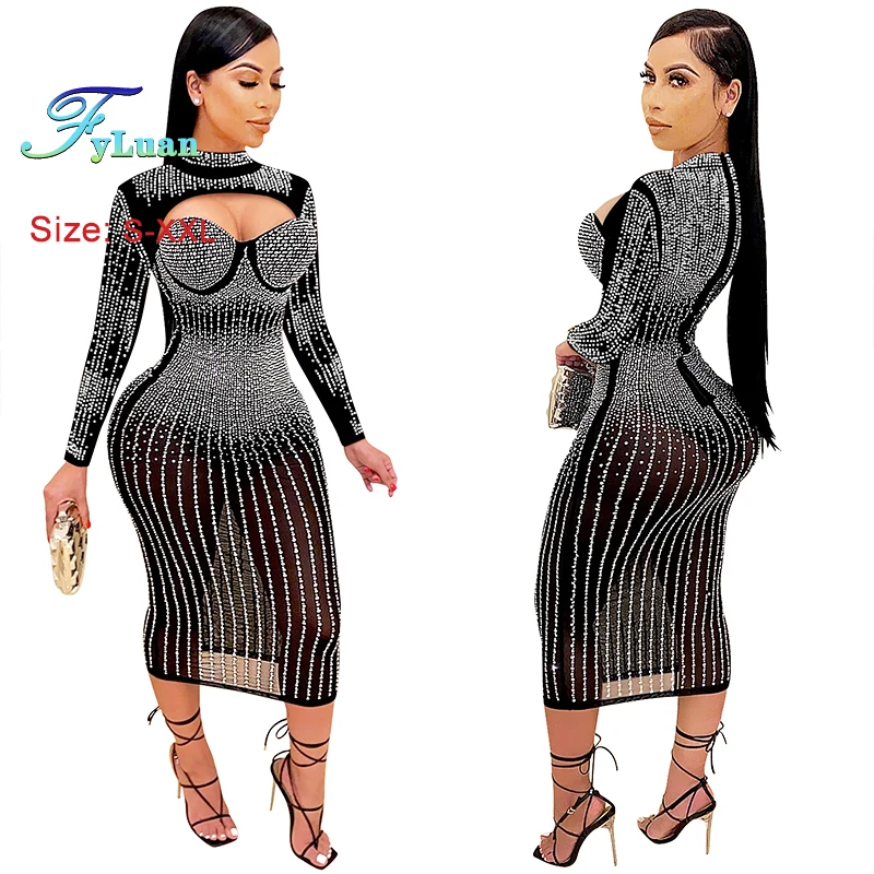 2025, Produkt für Damen, Party, Nachtclub, Netz, Diamanten, heiße Strasssteine, lange Ärmel, durchsichtiger Ausschnitt, figurbetont, sexy Partykleider