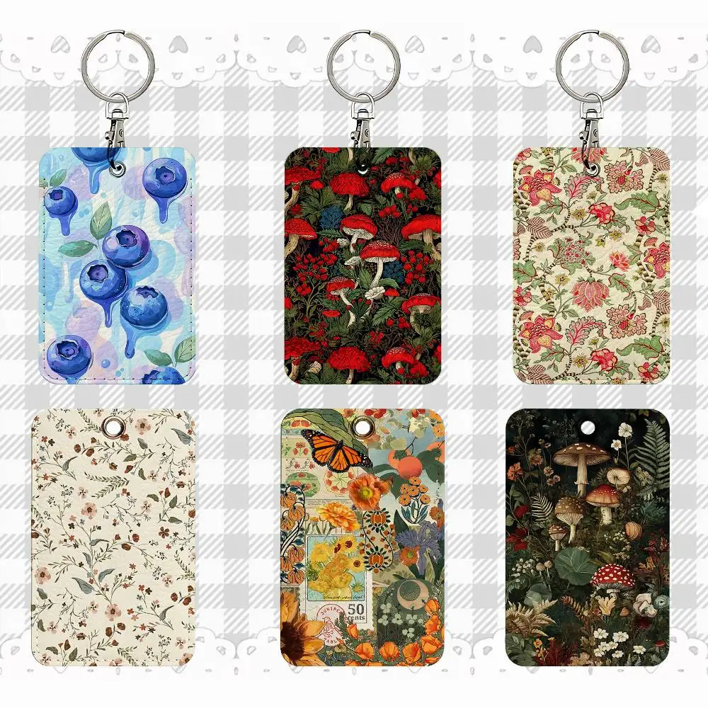

Botanical Art Vintage Rectangle ID Card Case Keychain Access Card Bag Key Tag Ring Leather Card Holder Key Ring Access