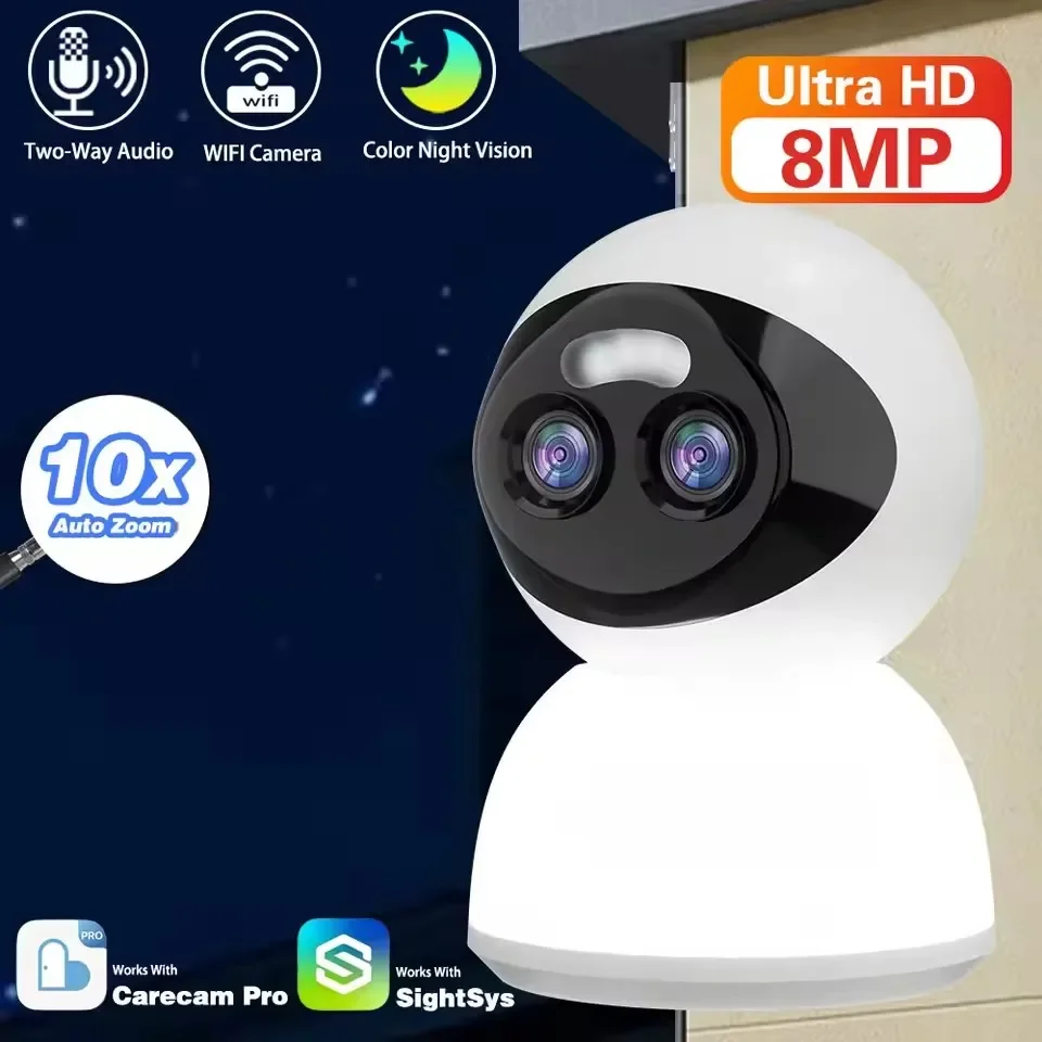 

8MP 10X PTZ Zoom Wireless WiFi PTZ IP Light Camera 360 Degree Carecam Pro Dual Lens WiFi Security Auto Tracking Baby Pet Camera