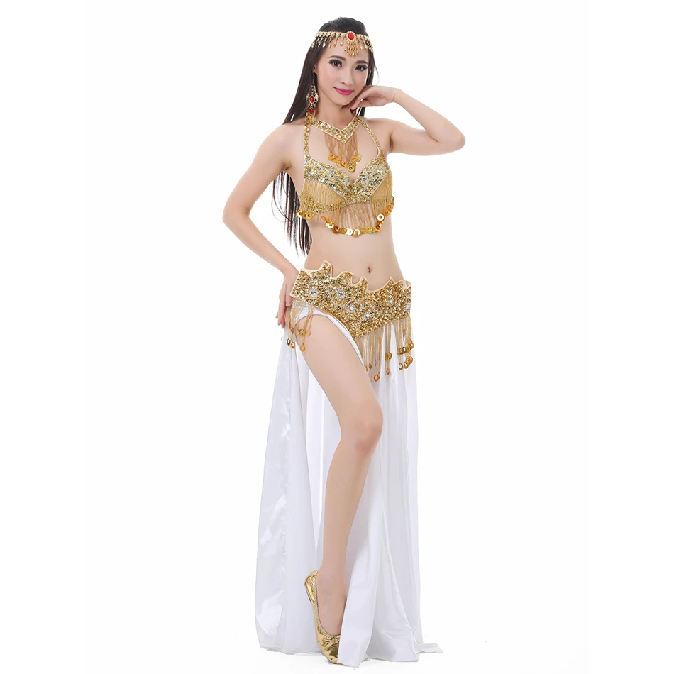 Belly Dance Costumes Set With Hip Scarf Belt Bra Dress Gold Silver Color Double Slit Satin Skirt Suit Belly Dance Performance