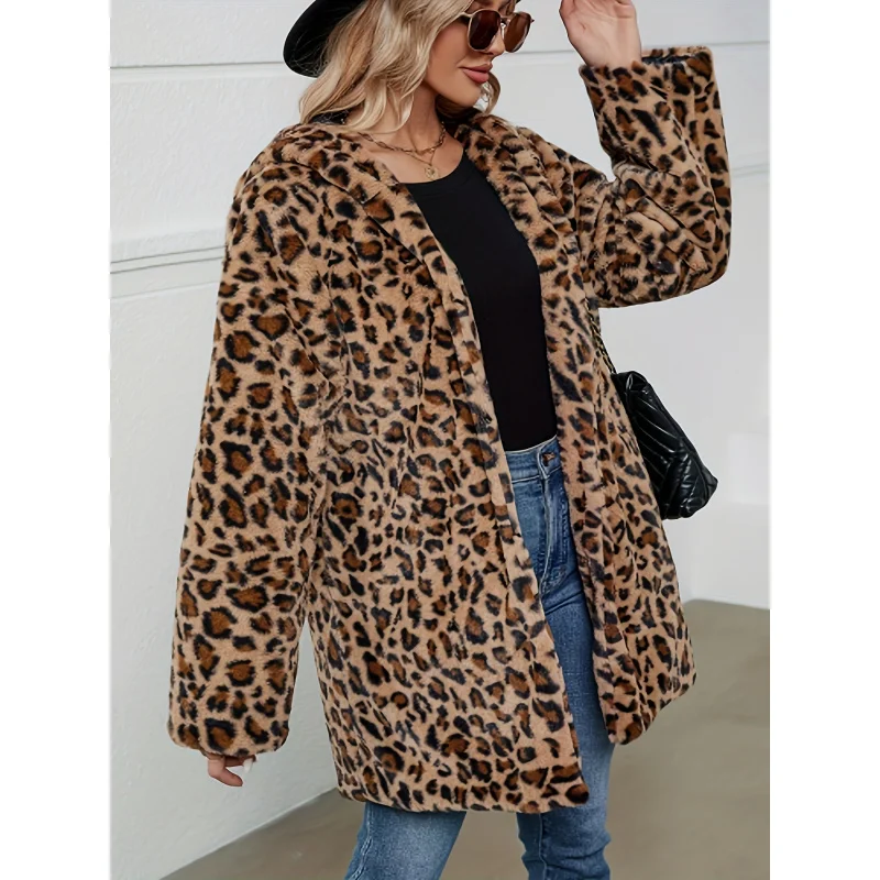 2024Leopard Print Stud for Autumn and Winter Fashion Temperament Imitation Fur with Pockets Loose Woolen Coat