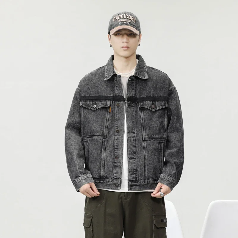 Men Japanese Streetwear Fashion Loose Casual Vintage Make Old Denim Cargo Jacket Man Cityboys Cowboy Plus Size Coat Outerwear