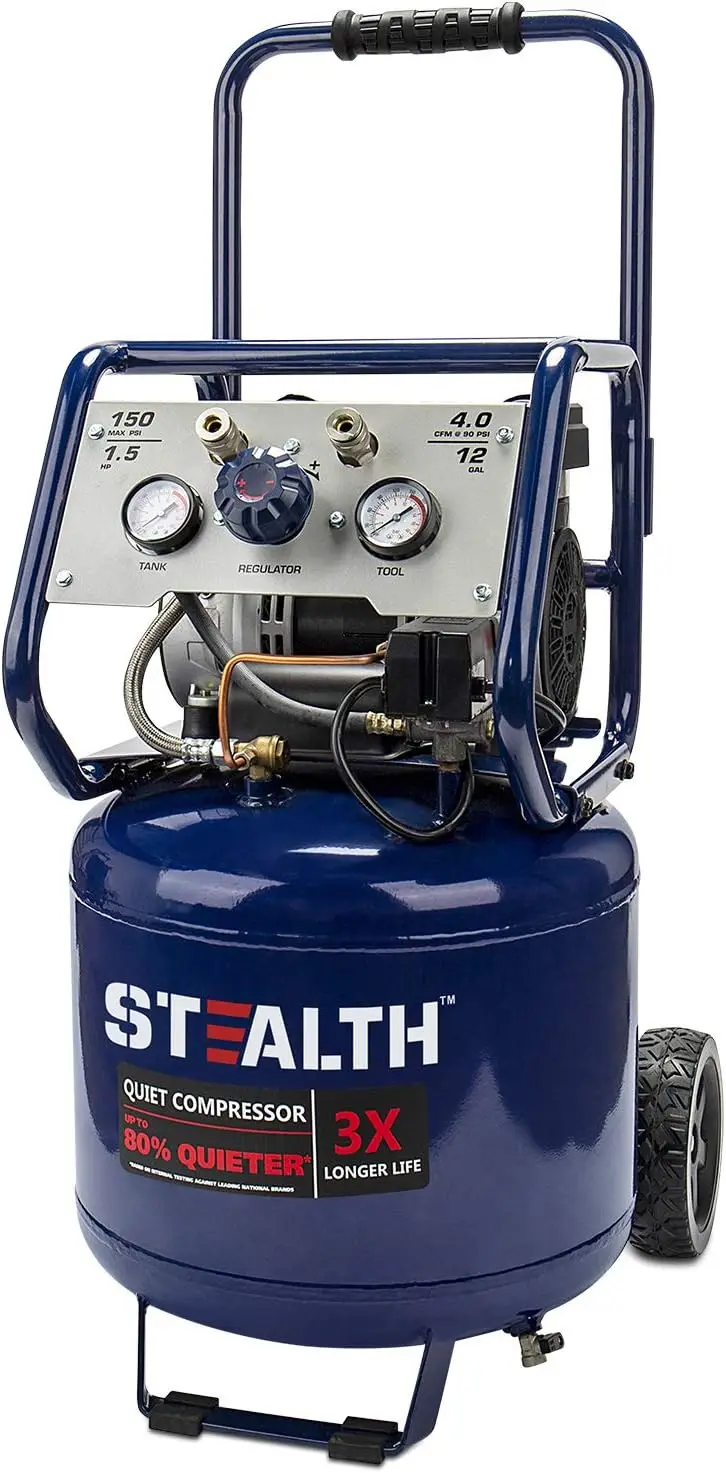 

12 Gallon Ultra Quiet Air Compressor 1.5 HP Oil-Free Peak 150 PSI 68 Decibel Air Compressor 5 CFM 40 PSI 4 CFM 90 PSI Silent