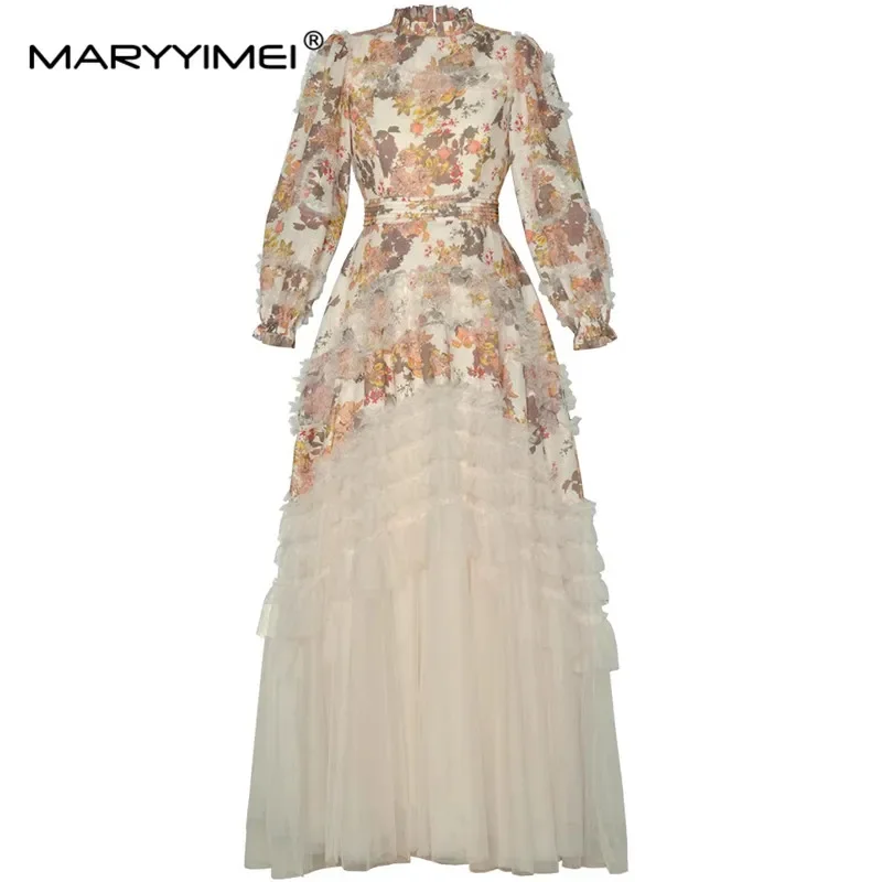 MARYYIMEI Autumn and Winter Women's Dress Stand collar Lantern Sleeved Mesh Splicing Edible Tree Fungus Edge Ball Gown Dresses