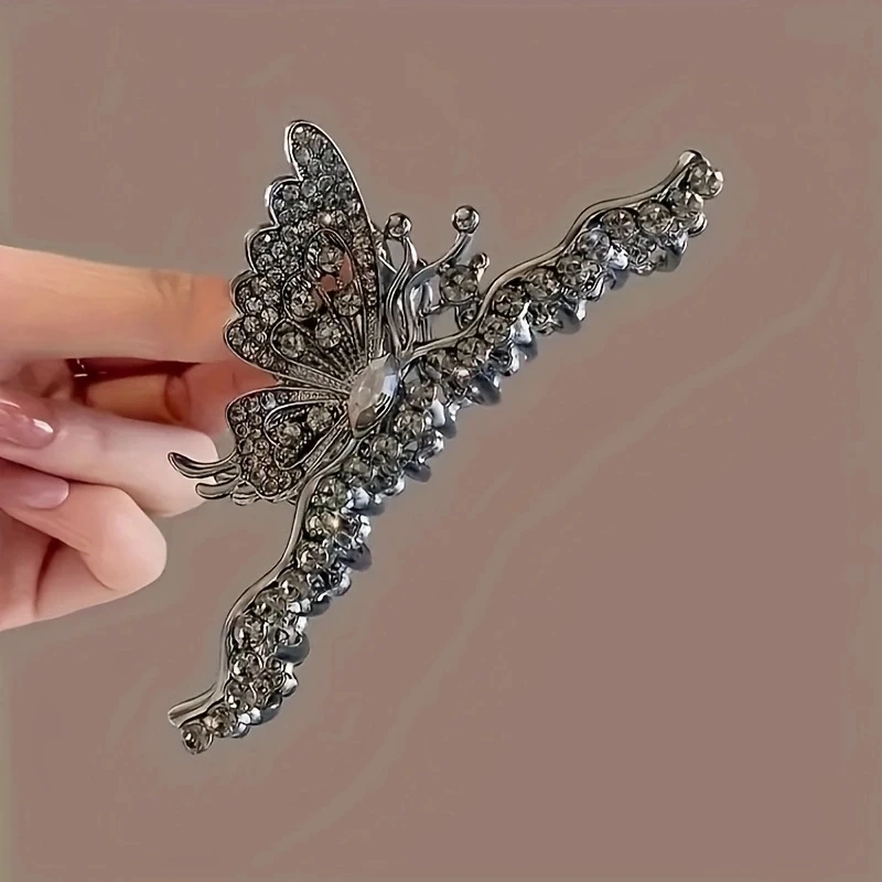 1pc zinc alloy rhinestone temperament butterfly hair ornament, elegant high-end headdress, simple and light luxury grab clip, su