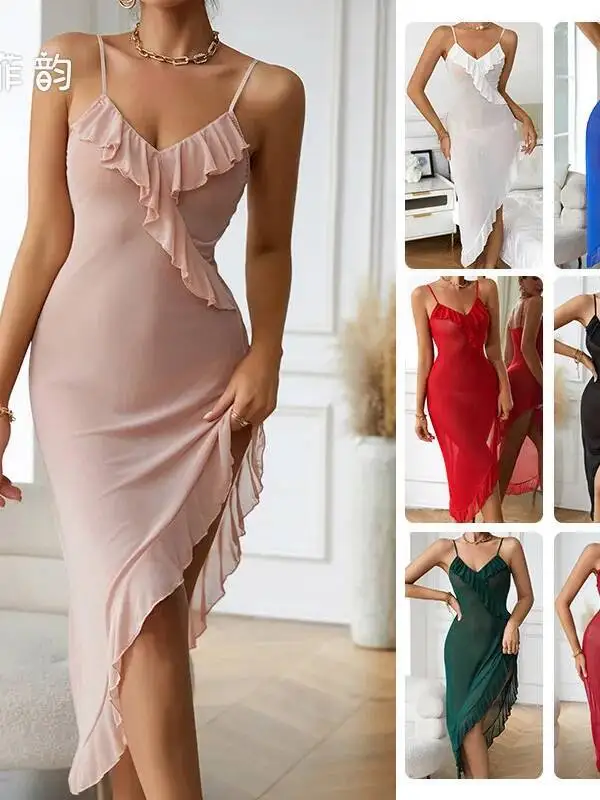 Camisón de malla con volantes y tirantes, dobladillo Irregular transparente, ropa de dormir Sexy de Color sólido sin espalda, tirantes en V profundo, vestido sin mangas NH3R
