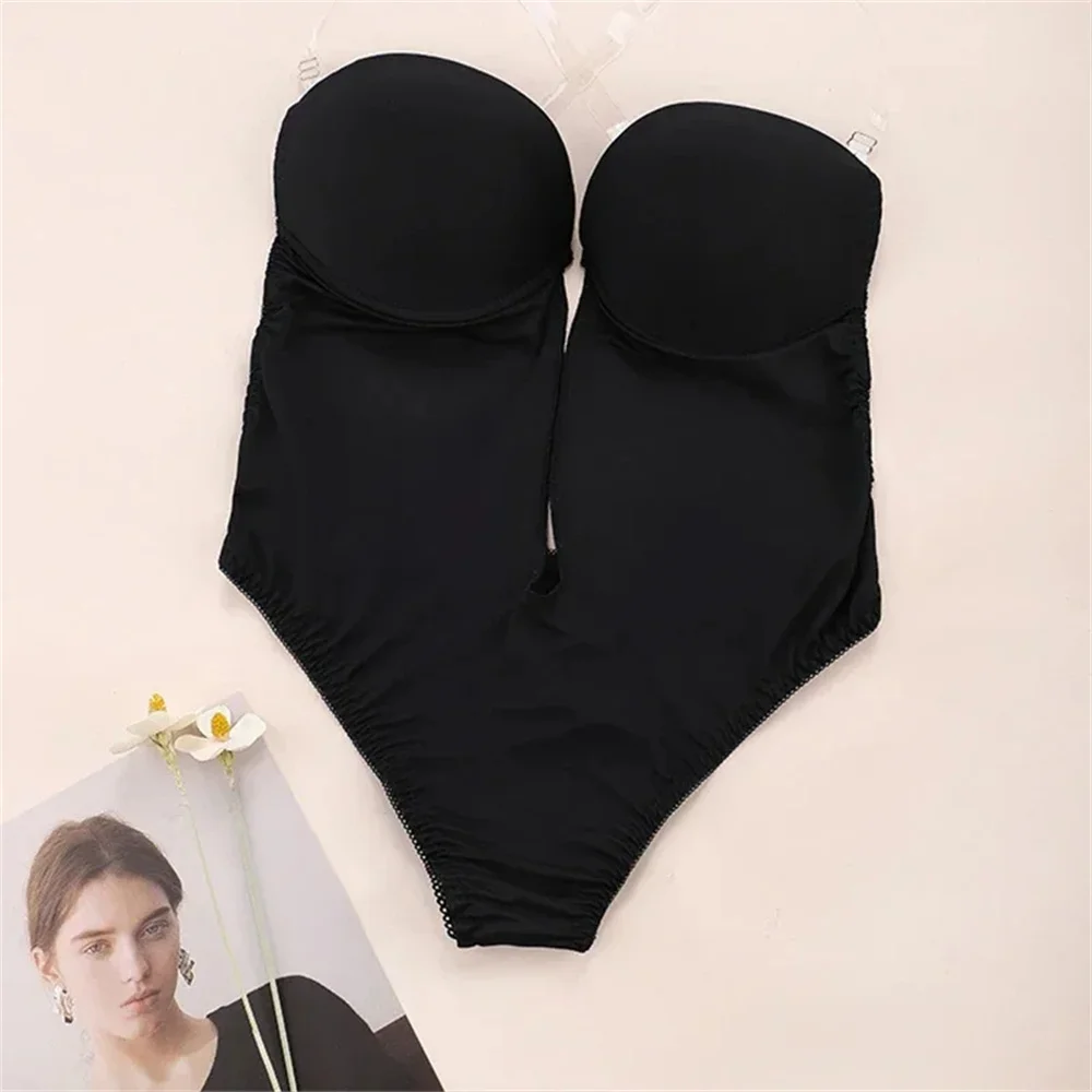 Women Shapers Underwear Backless Bodysuit Shapewear M L XL Deep V-Neck Body U Plunge Clear Strap Padded Push Up Corset