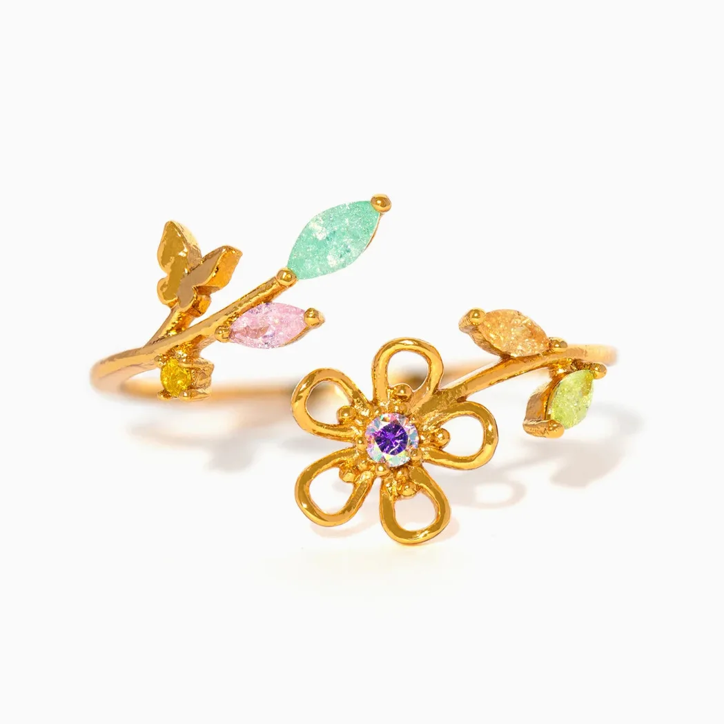 Schicke, zarte, glitzernde, farbenfrohe Zirkon-Blumen-Schmetterlingsringe für Damen und Mädchen, modischer Vintage-Zirkon, verstellbarer Hochzeitsschmuck, Geschenk