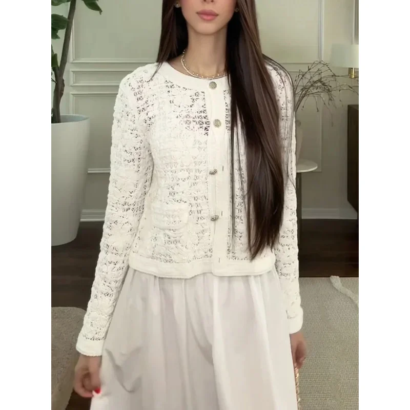 Women's Slim Fit Button-Up Crochet Hollow Jacket Summer Fashion High Street Flower Design Commuter Coat Vacation Outerwear