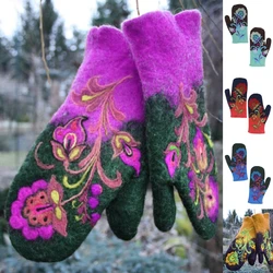 Women Windproof Faux Cashmere Warm Gloves Winter Cold Weather Thicken Thermal Warm Floral Embroidery Full Finger Mittens