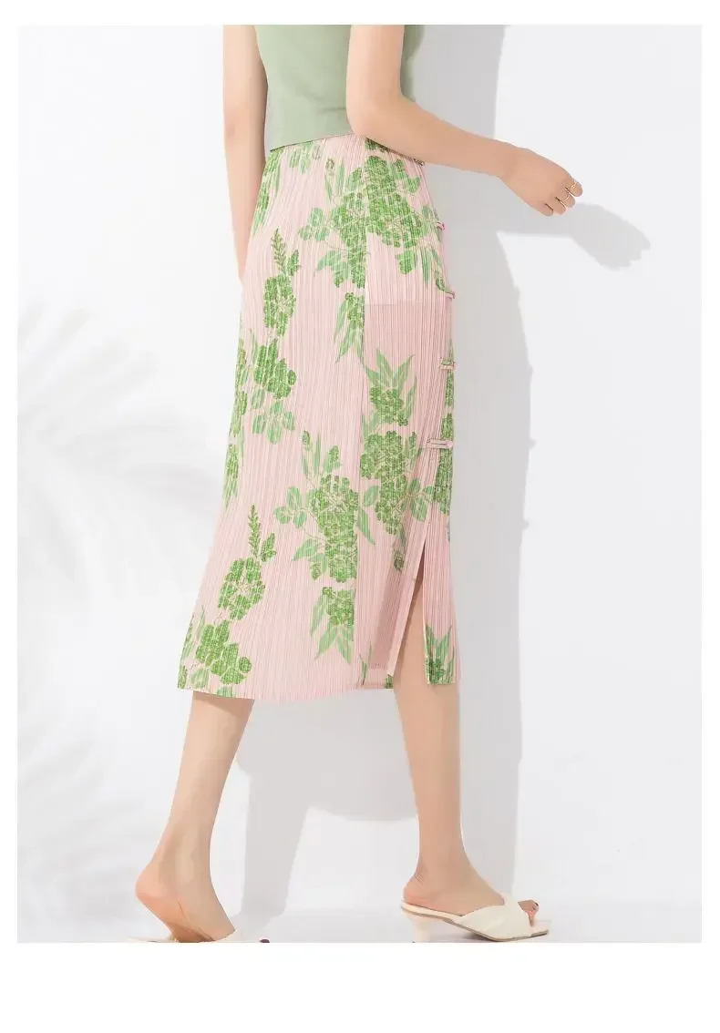 Demi-jupe fendue à boucle de Style chinois pour femmes, imprimé froissé, nouveau sac polyvalent, jupe plissée suspendue aux hanches, été 2025