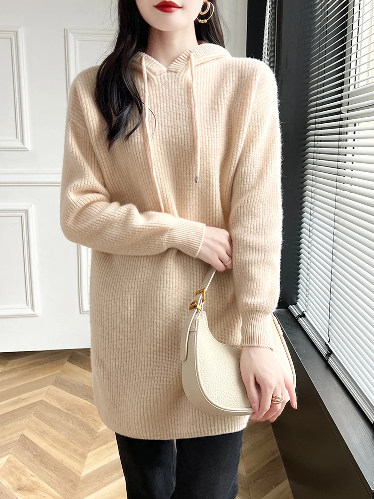 

Autumn Winter Women Hooded Pullover 100% Merino Wool Knitwear Medium-Length Cashmere Sweater Female Soft Casual Loose New Top