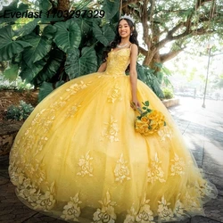 EVLAST Customized Yellow Quinceanera Dress Ball Gown Lace Applique Beaded With Cape Mexico Sweet 16 Vestidos De 15 Años TQD877