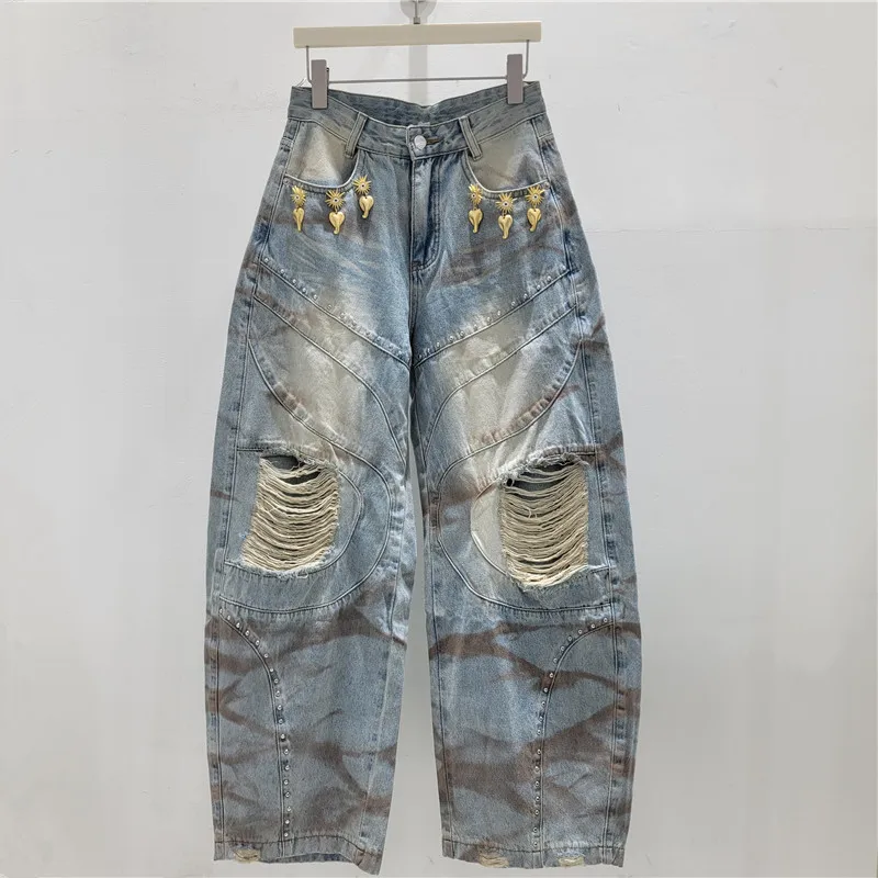 American Hot Girl Distressed Metal-embellished Jeans - Women's Rivet Detail, Loose Fit, Tie-dye Wash, Relaxed Wide-leg Trousers