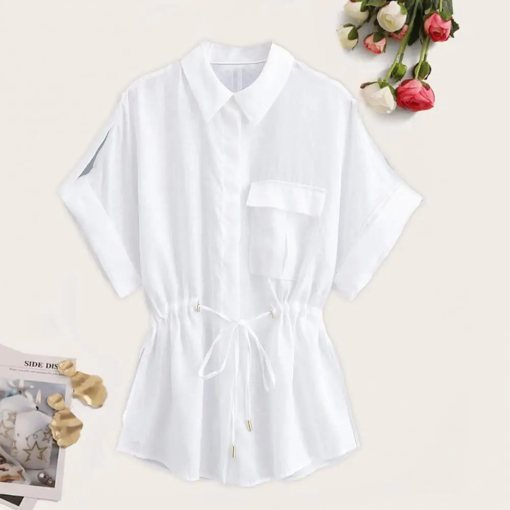 Simple Design Top Women Shirt Stylish Women's Lapel Shirt with Drawstring Waist Flap Pockets Casual Loose Fit Single for Daily