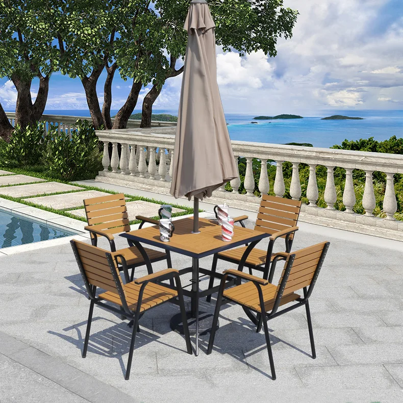 في الهواء الطلق البلاستيك طاولات خشبية الحليب الشاي متجر كراسي خارجية فناء مع مظلة شرفة المضادة للتآكل كرسي الاستجمام مقاوم للماء #4