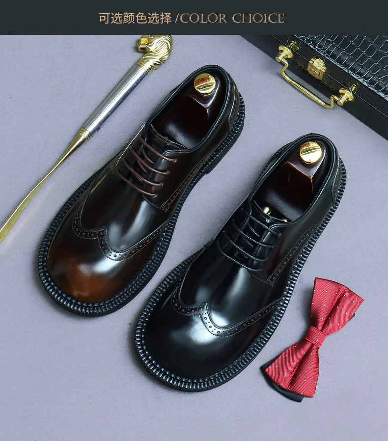 Zapatos Brogue Retro para Hombre, de Cuero Genuino de Lujo, Punta Redonda, Hechos a Mano, Planos, Color Marrón y Negro, para Bodas y Eventos Sociales