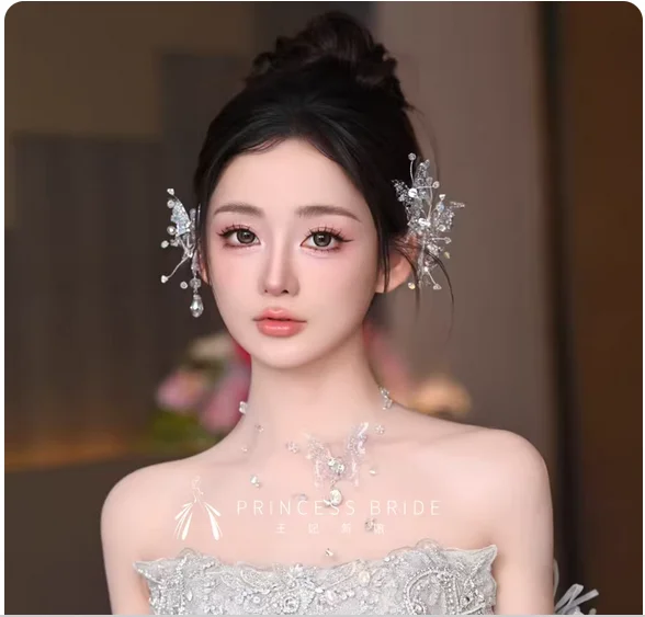 Princess bride transparent butterfly ear clip hairpin necklace set fairy wedding Korean wedding accessories.