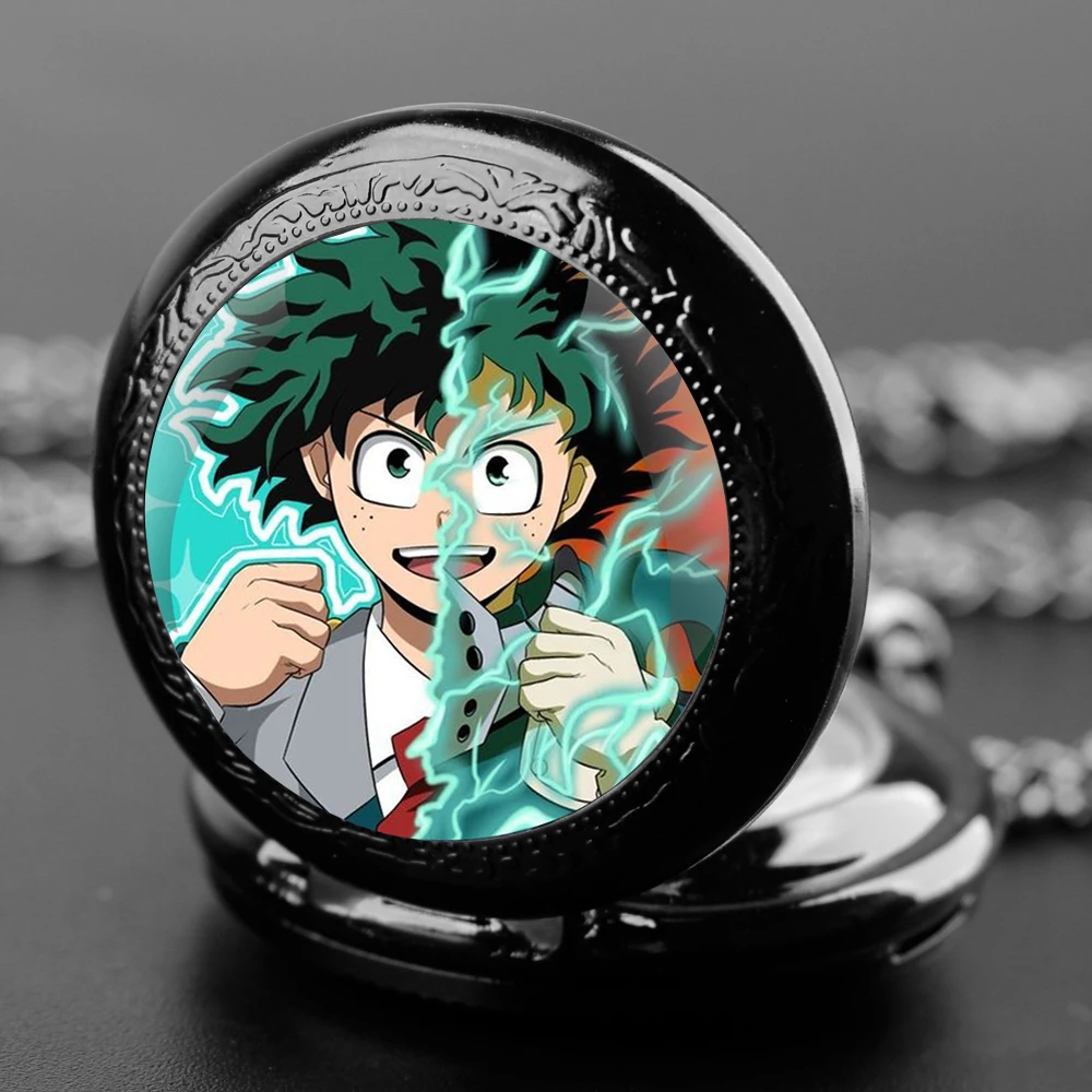 Midoriya Izuku Design Glass Dome Quartz Pocket Watch With Durable Chain Arabic Numeral Dial For Men And Women Creative Gifts