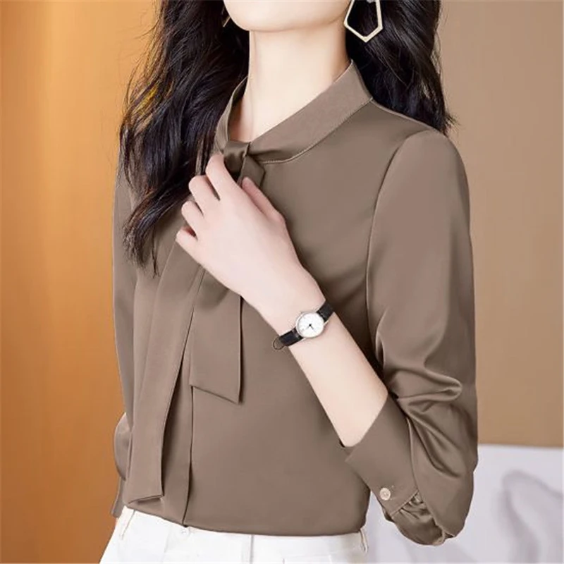 Satin Elegant Fashion Korean OL Temperament Bow Tie Blouse Top Women 2022 Autumn Solid Long Sleeve Work Wear Shirt Blusas Mujer