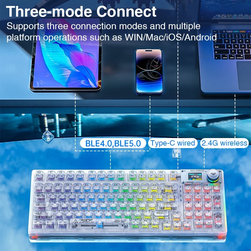 Imagem -03 - Teclado Mecânico sem Fio Bluetooth Hot Swappable Design Ergonômico Rgb Transparente Retroiluminado Jogo Modos Aula-f98pro