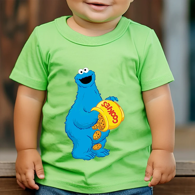 Sesame Street Printed Kids T-shirt Summer Children's Cotton Short Sleeve Green Casual Top Suitable for Boys and Girls