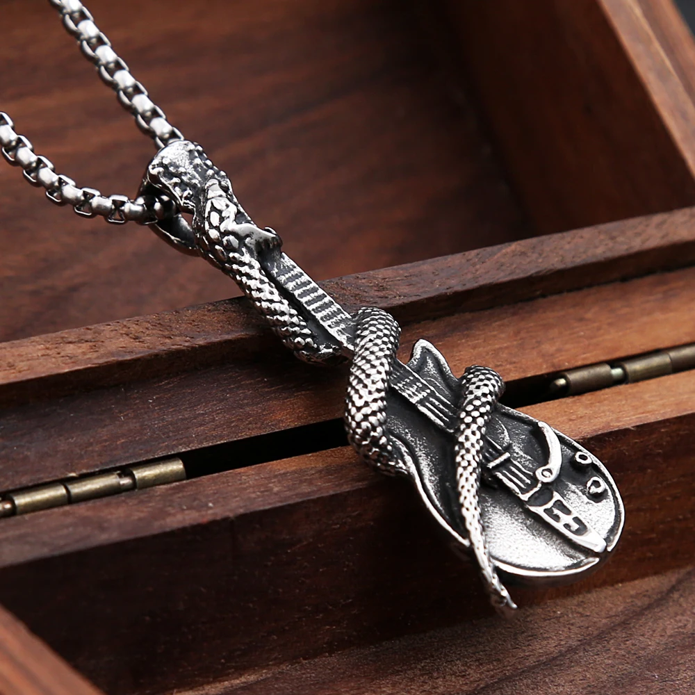 Vintage Serpent Wrapped Guitar Pendant Necklace Stainless Steel Rock Band Music Snake Amulet Unisex Retro Punk Hip Jewelry Gift