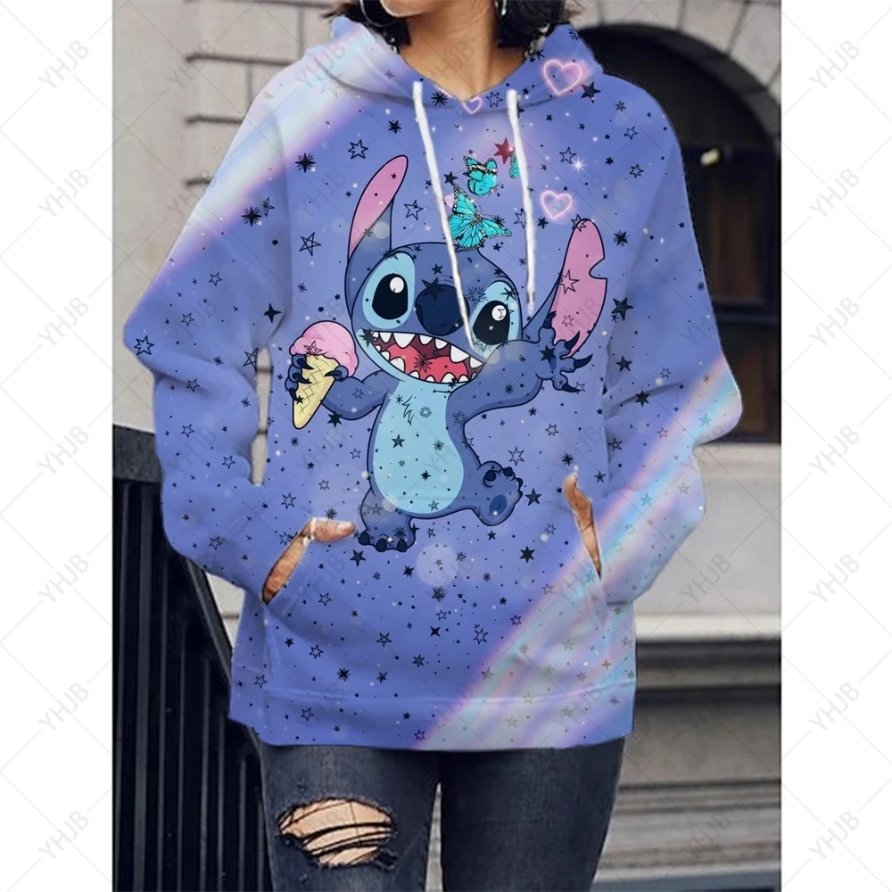 Disney-Hoodies Femininos Lilo e Stitch Cartoon, Ohana Stitch, Streetwear Gráfico Kawaii, Tops Unisex, Camisolas Anime Feminino