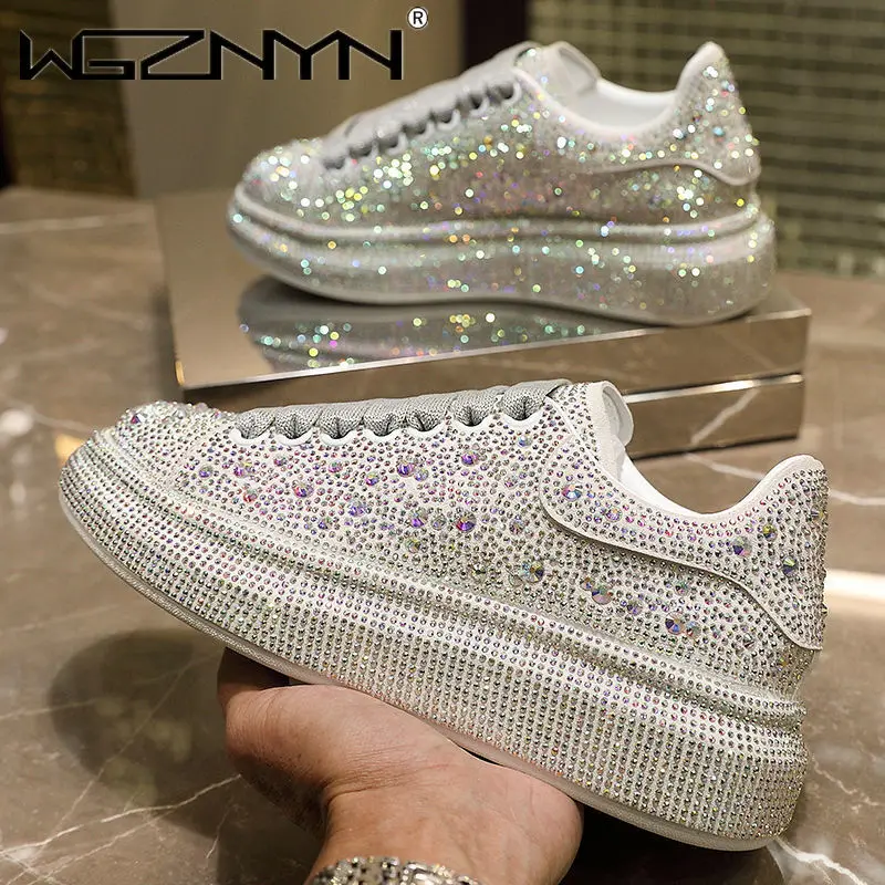 WGZNYN 2023 New Fashion Women Shoes Luxury Sports Shoes Women Designers Leather Shoes Silver Rhinestone Crystal Sneakers Tide