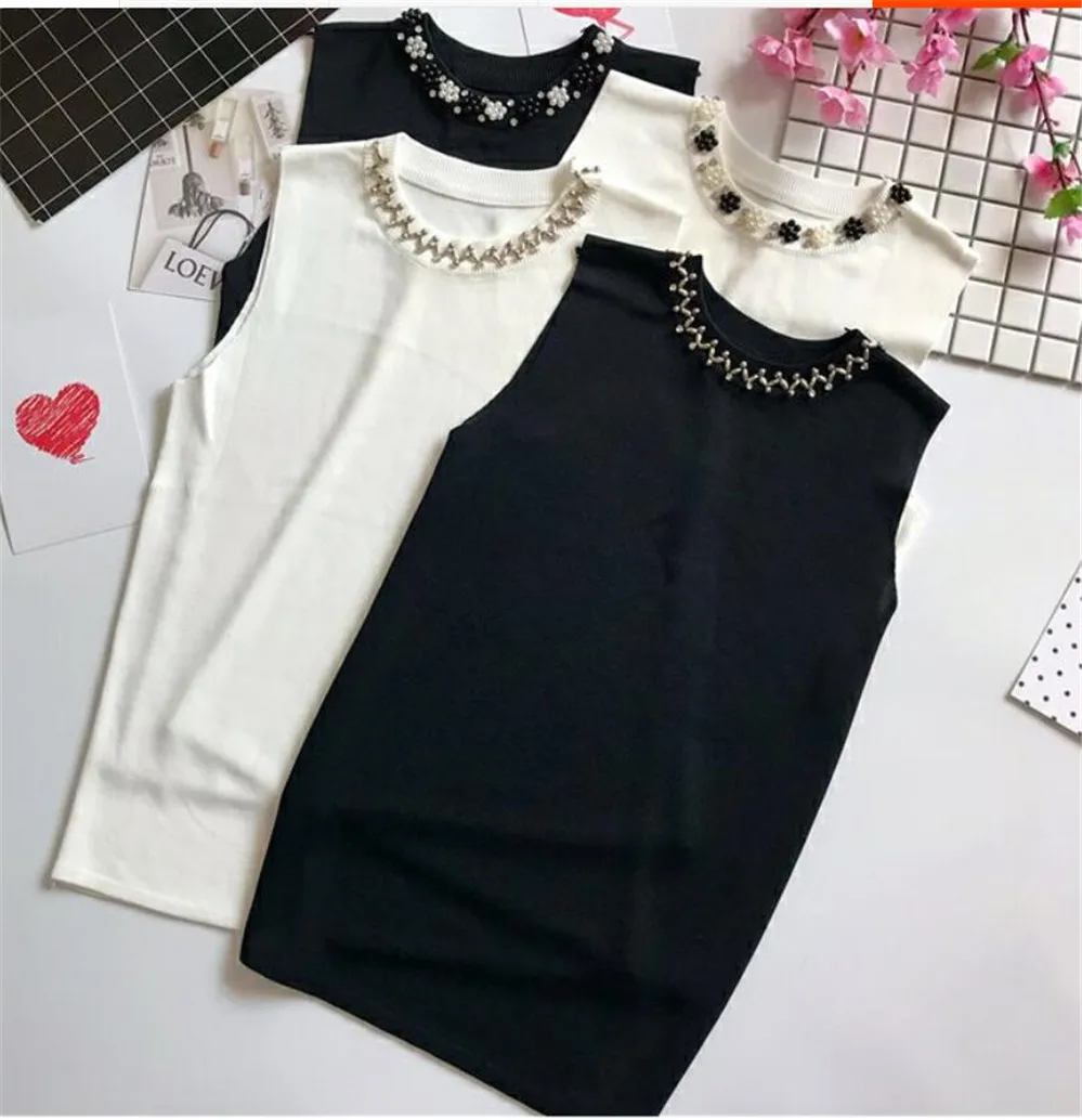 

2026 Korean New summer fashion women Sleeveless thin sweater female All-match Beading o-neck knitted vest girl Camis Tank