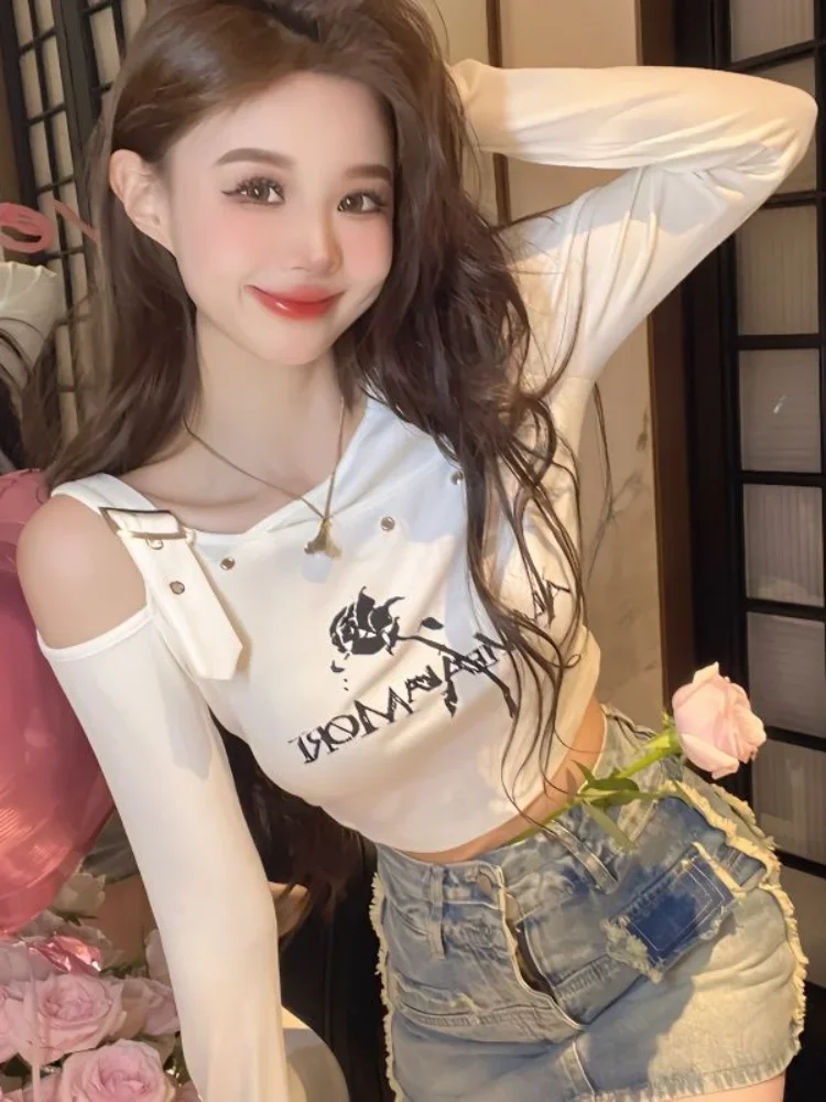 Irregular Off Shoulder Long Sleeve Fairy T-shirt Y2k Aesthetic High Waist Cropped Top Women Letter Rose Print Harajuku Slim Tees