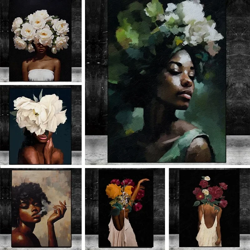 Elegante Afroamerikanische Frau mit Blumenkopfschmuck Poster Sexy Schwarze Frau Leinwandgemälde Wandkunst für Wohnzimmer Heimdekoration M
