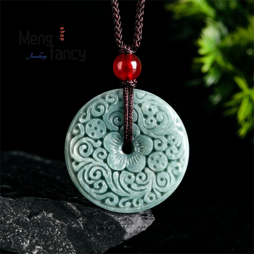

High-grade Natural A-goods Jadeite Blue Water Antique Carved Peace Button Jade Pendant Exquisite Mascots Luxury Quality Jewelry