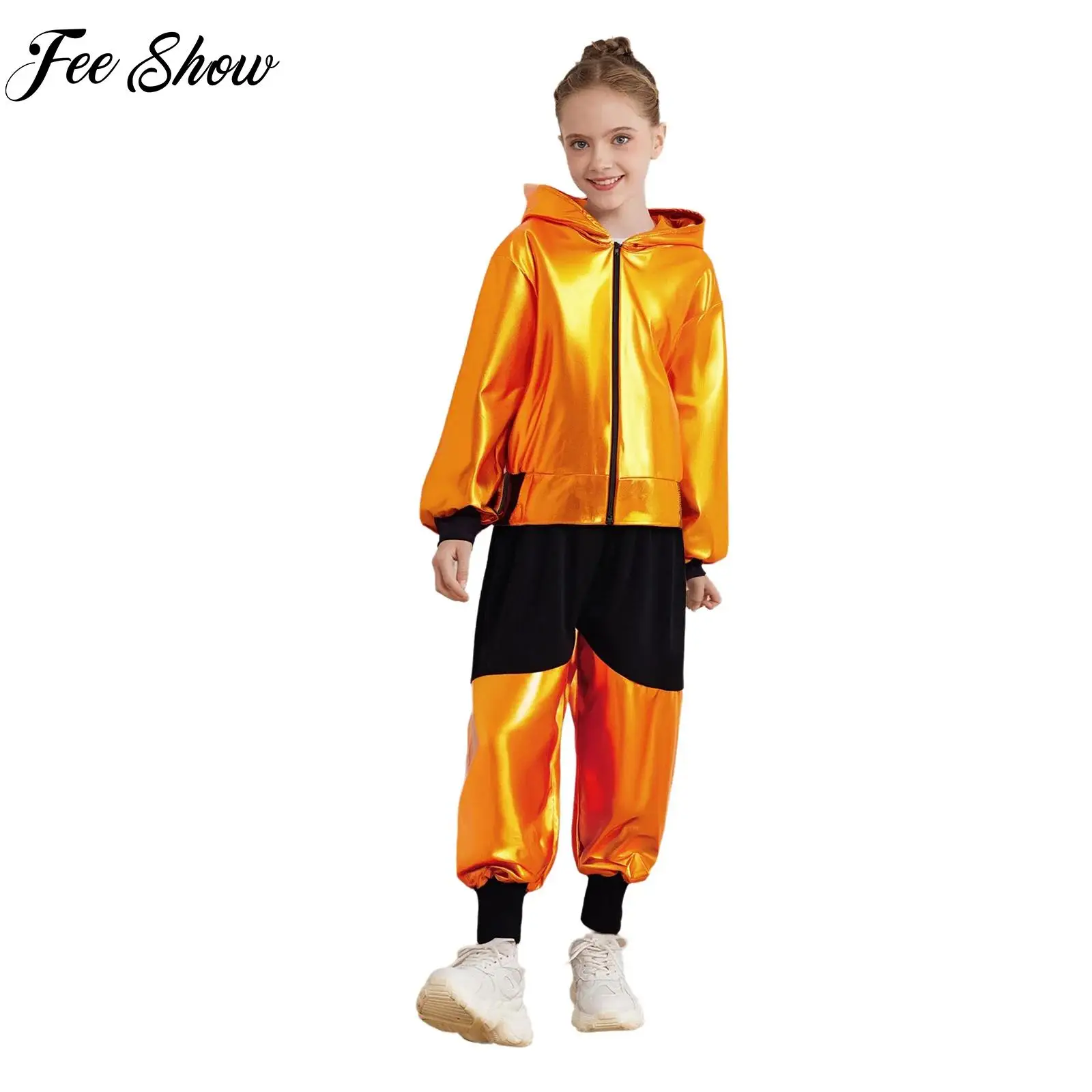 

Kids Girls Boys Hip-Hop Jazz Dance Outfit Long Sleeve Zipper Metallic Hooded Jacket+Stretchy Pants Color Block Dancewear Sets